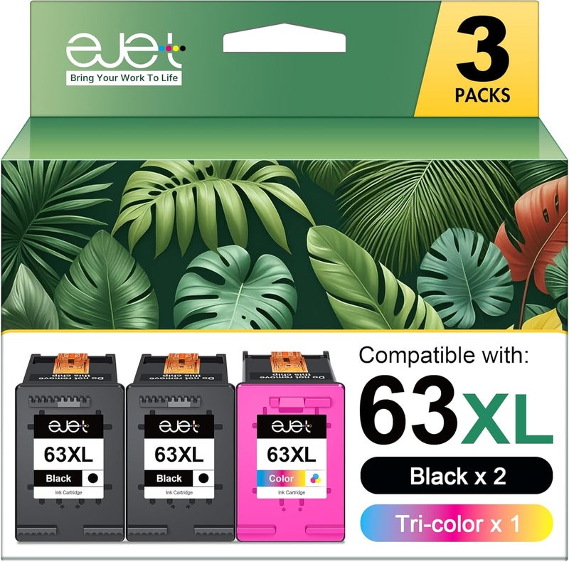 E-Jet 63XL Ink Cartridges Black and Color 3-Pack Replacement for HP 63XL Ink Cartridge Combo Pack for HP 63 Ink Work with OfficeJet 3830 4650 5255 Envy 4520 4512 Deskjet 1112 3630 3634 (2 Black, 1 Color) - Image 1